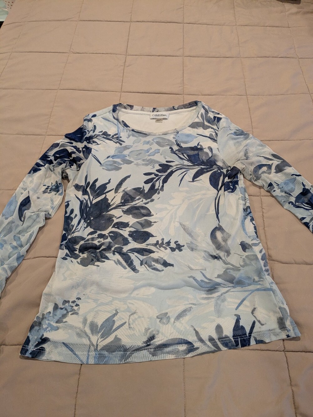 Calvin Klein Blue Floral Long Sleeve Mesh Crew Top